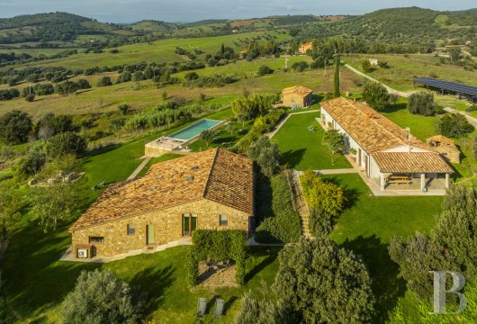 On the outskirts of Campagnatico, a restored Tuscan residence set on forty-three hectares with olive groves and ...